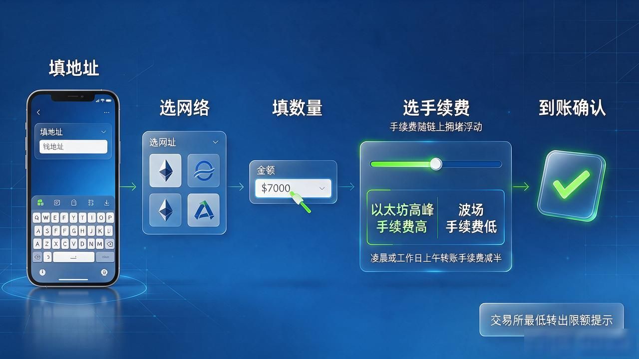 数字货币转账过程图：从填地址、选网络到到账确认，一张图全讲明白